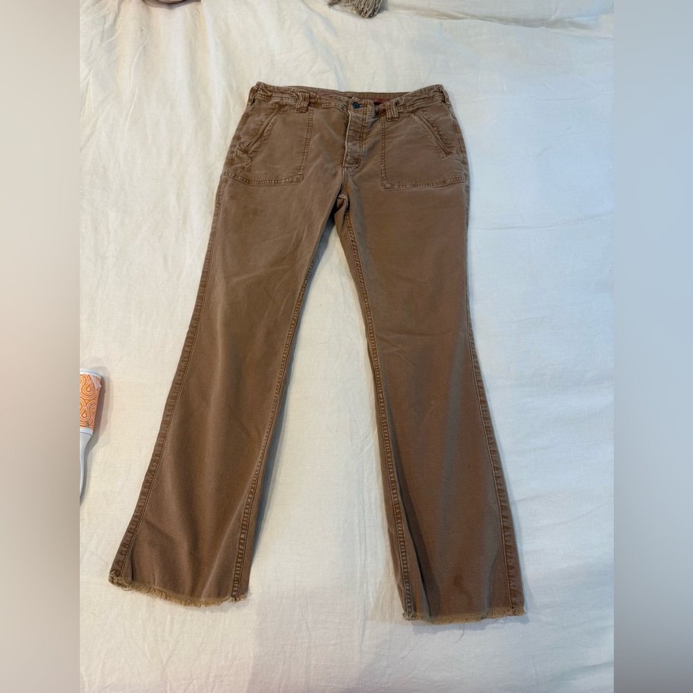 Pilcro Anthropologie Wide Leg Flare Utility Pants Brown Ochre Raw Hem Boho - Picture 2 of 12